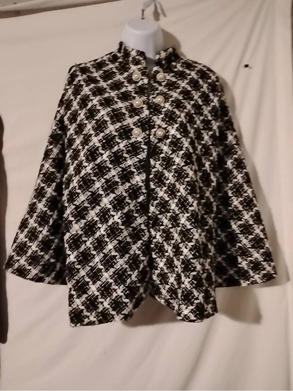 Black & White Tweed Button-Front Cape Coat